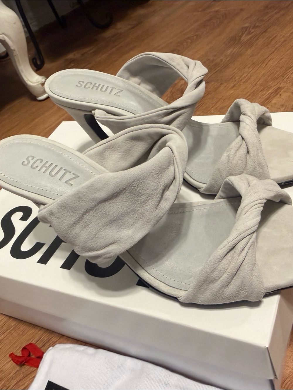 SCHUTZ Light Gray Suede Pointed Toe Knot Mules - Picture 9 of 16